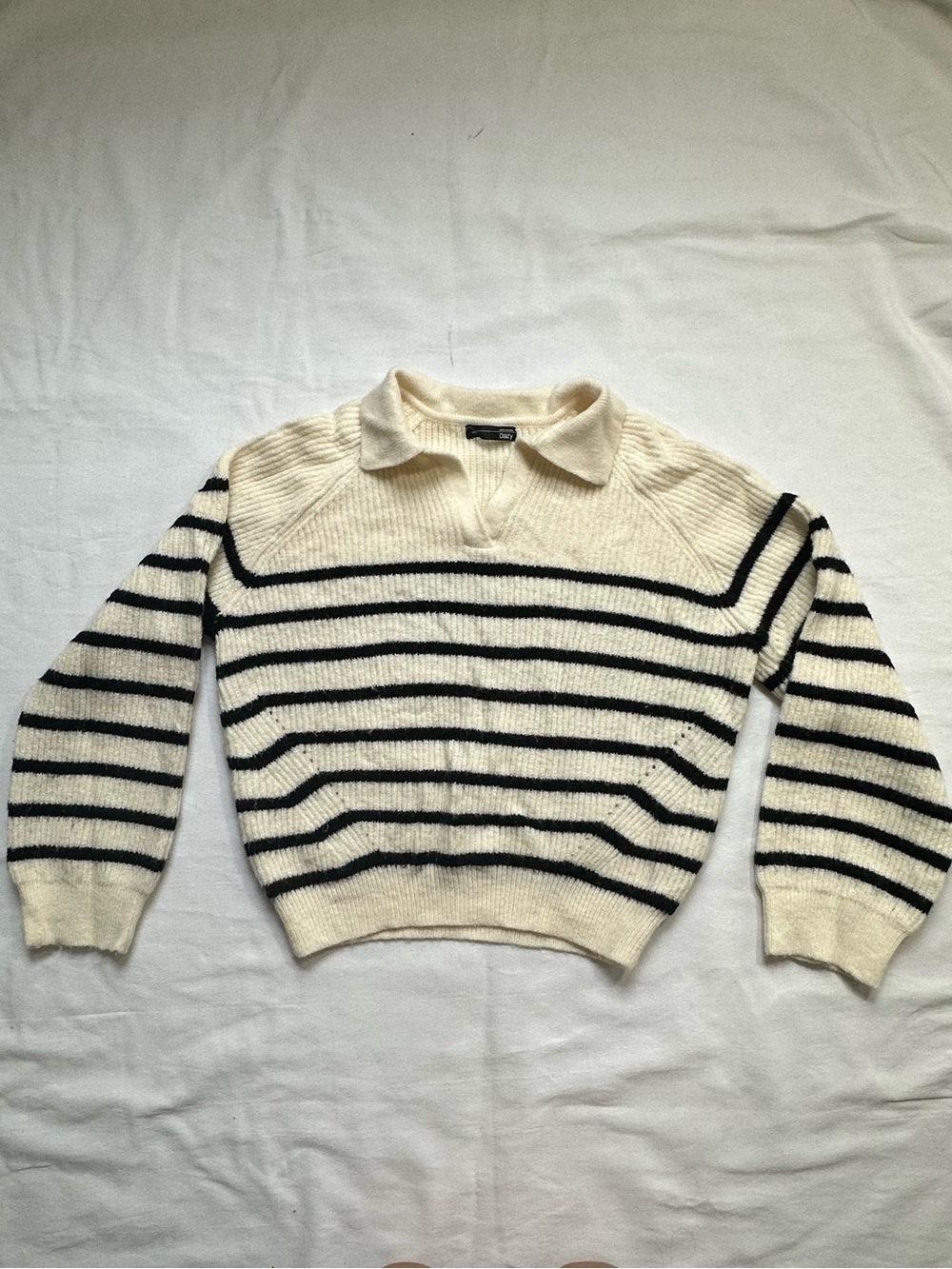 Cream and Black Striped Polo Collar Sweater